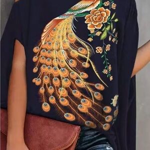 Elegant Navy Blue Peacock Print Women's Top